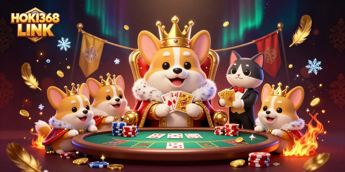 Bet big with HOKI368 LINK and watch as royal corgi reigns over an exciting poker night scene.