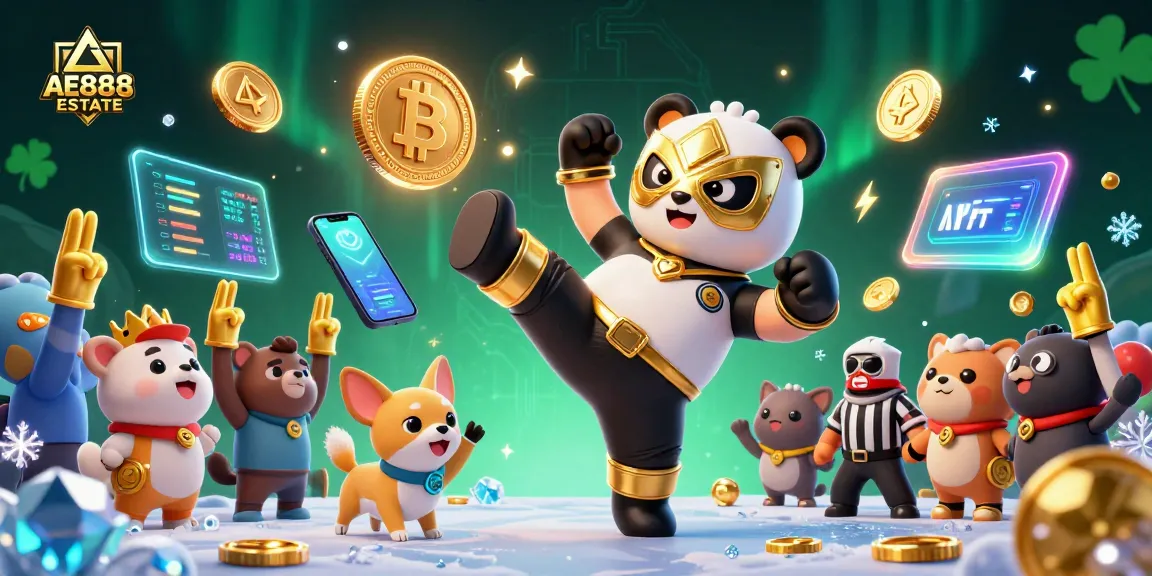 Experience the excitement of AE888 ESTATE with a dynamic 3D illustration showcasing a panda wrestler and high-stakes gaming.