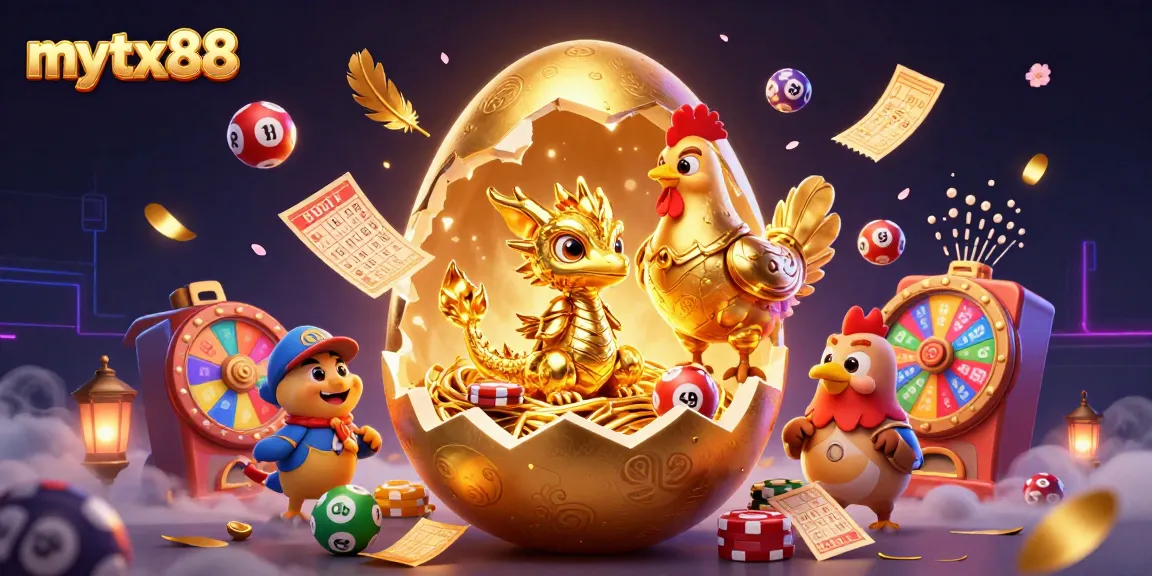 Experience gaming excitement with mytx88 as a golden dragon emerges from a cracking egg amid vibrant casino elements.