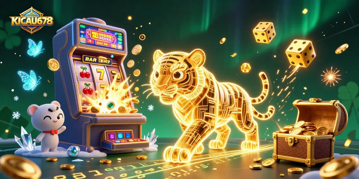 KICAU678 showcases an enthralling digital casino scene with a neon tiger and jackpot slots.