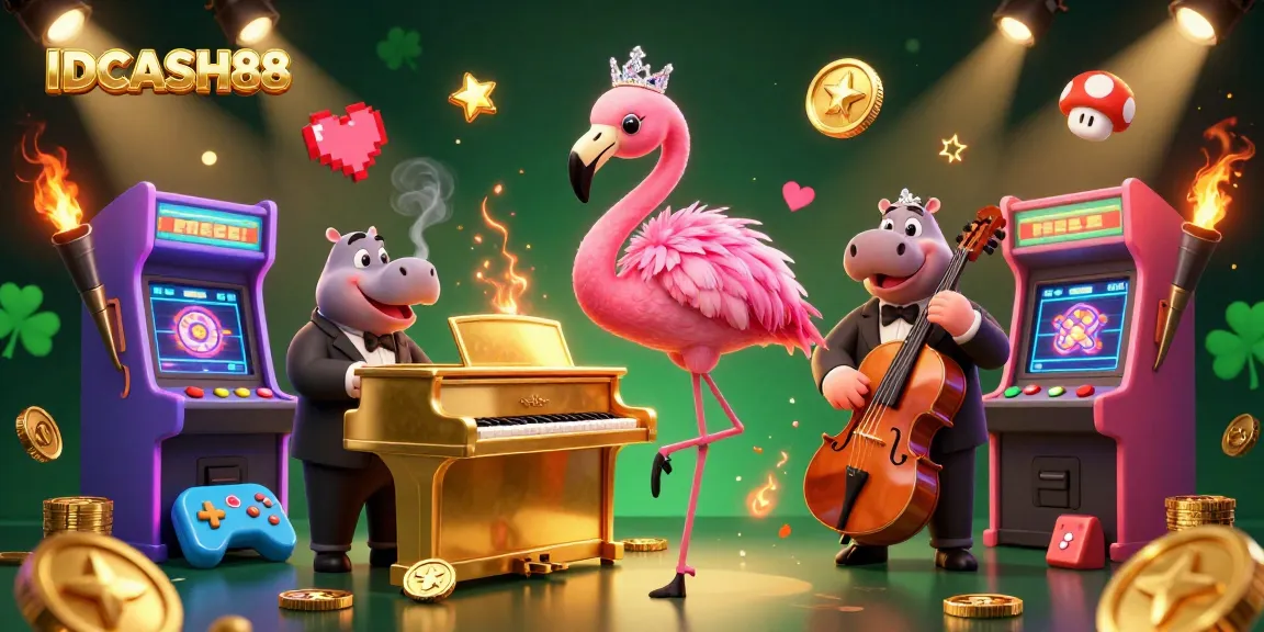 Engage in thrilling moments with IDCASH88 at a dynamic casino scene featuring cartoon characters.