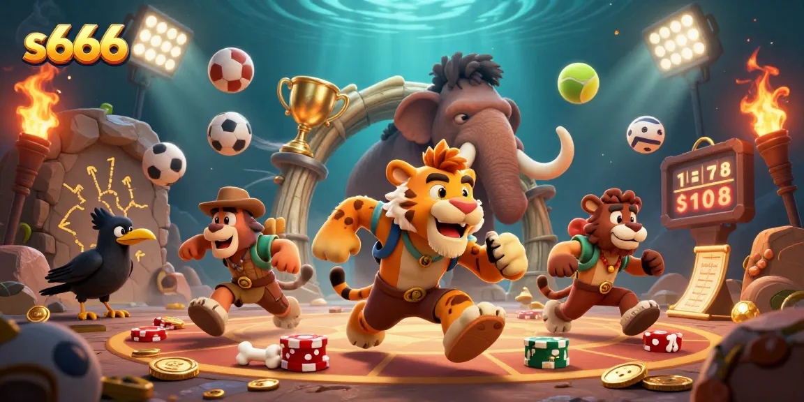 S666 players enjoy thrilling casino games in a vibrant, prehistoric-themed illustration.