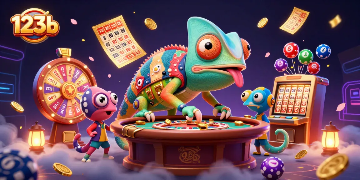 Experience thrilling moments at 123b with a vibrant casino scene featuring a lively chameleon.