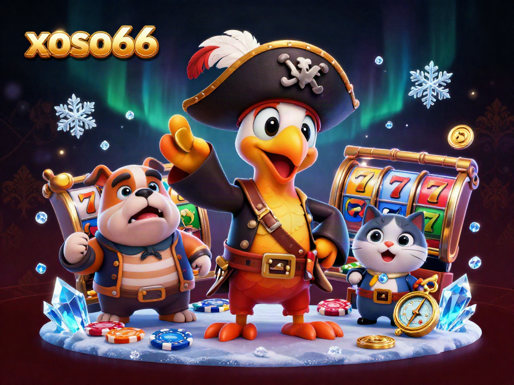 Win big at xoso66 with a lively scene of colorful casino characters and slot machines.