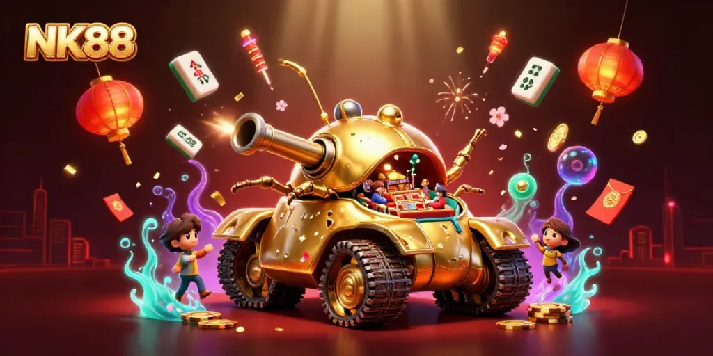 Experience the vibrant energy of NK88 with a golden beetle tank casino scene filled with excitement.