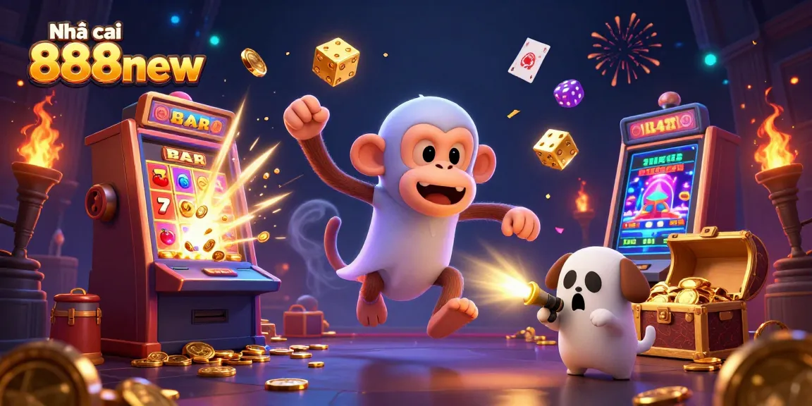 Experience the thrill at Nhà cái 888new with a playful poltergeist monkey and a curious ghost-hunter puppy in a vibrant casino scene.