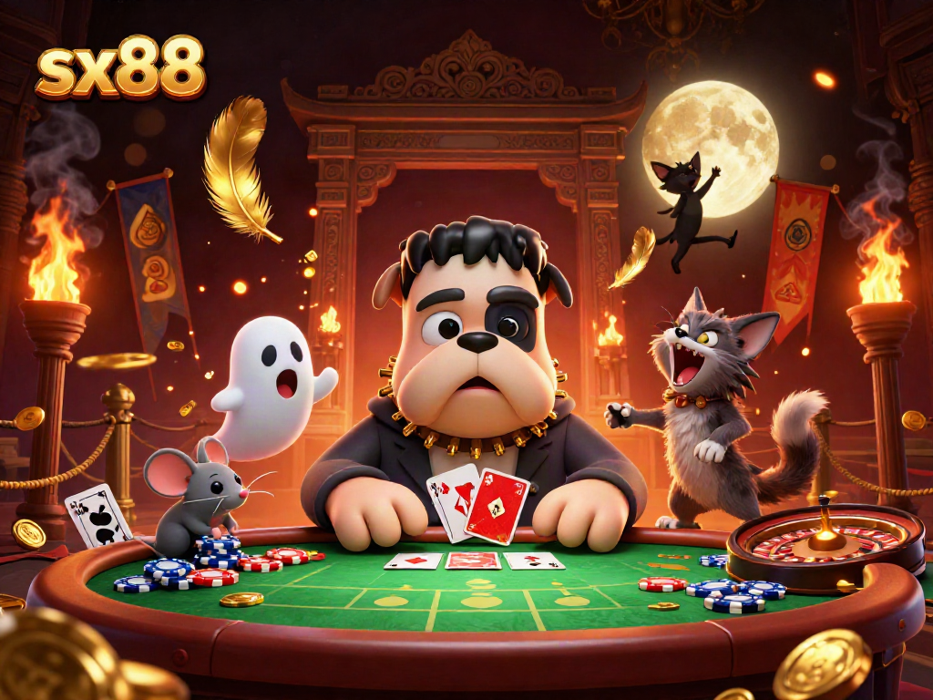 SX88 casino scene with a Frankenstein bulldog and a ghostly mouse engaging in card games.