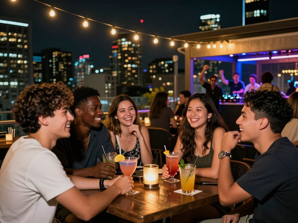 Một buổi tối sống động với gái gọi và nhóm bạn trẻ thưởng thức cocktail tại quán bar trên sân thượng.