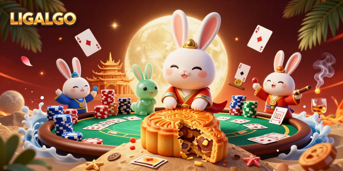 LIGALGO showcases a lively scene with a moon rabbit and poker elements depicting exciting gambling adventures.