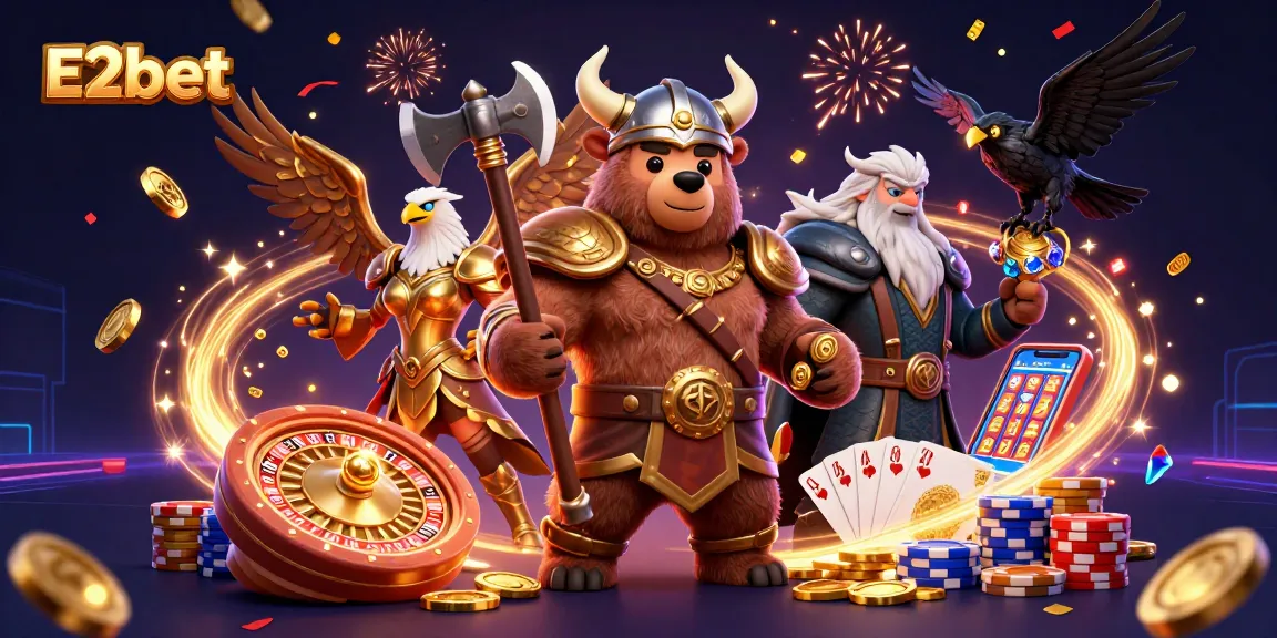 Experience E2bet with a dynamic 3D casino scene featuring a Viking bear and Valkyrie eagle surrounded by vibrant game elements.