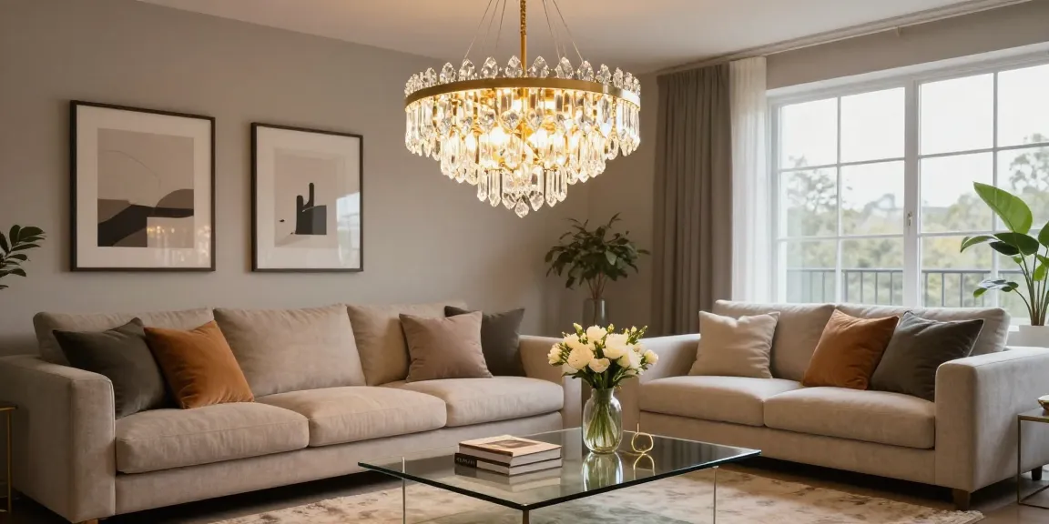 Candelabru LED elegant suspendat într-un living modern, iluminând atmosfera cu un design rafinat.