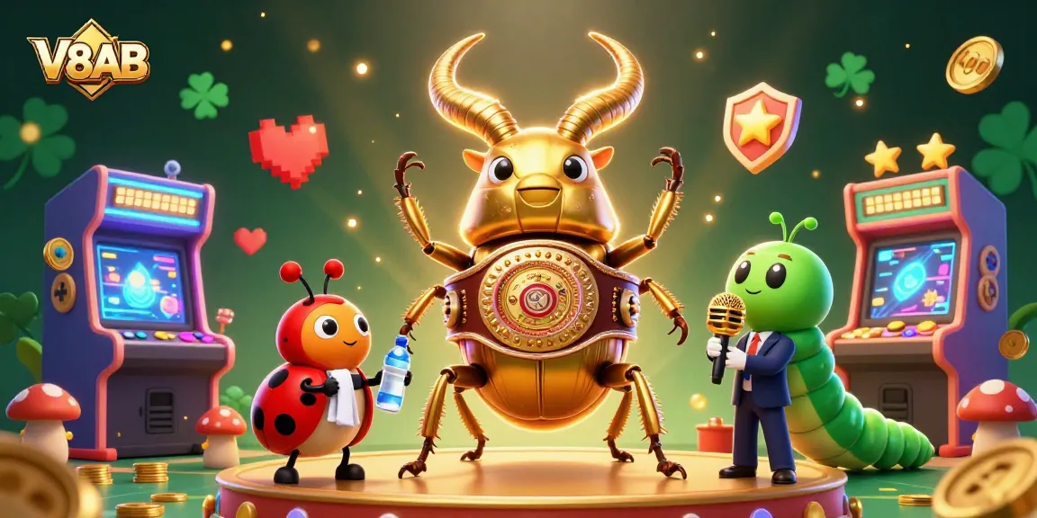 Experience the exciting V8AB gaming world with 3D characters amidst vibrant casino elements.