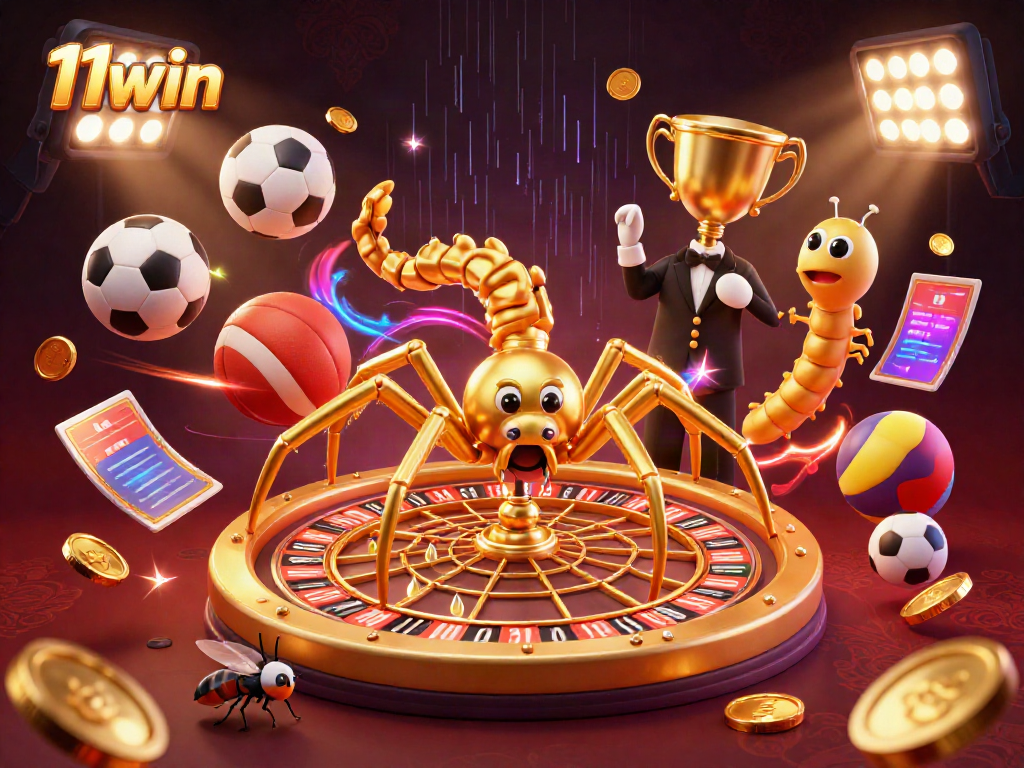 Experience exciting gameplay at 11win with a golden spider, sports balls, and dynamic betting elements.