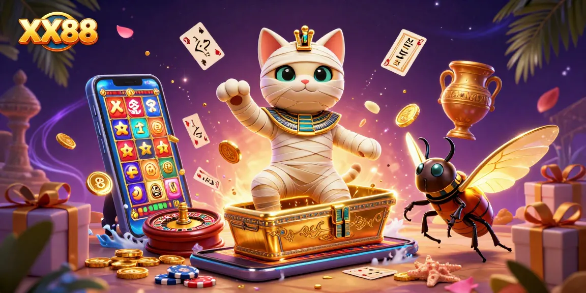Join the excitement of XX88 with a vibrant casino scene featuring a mummy cat and dynamic gaming elements.
