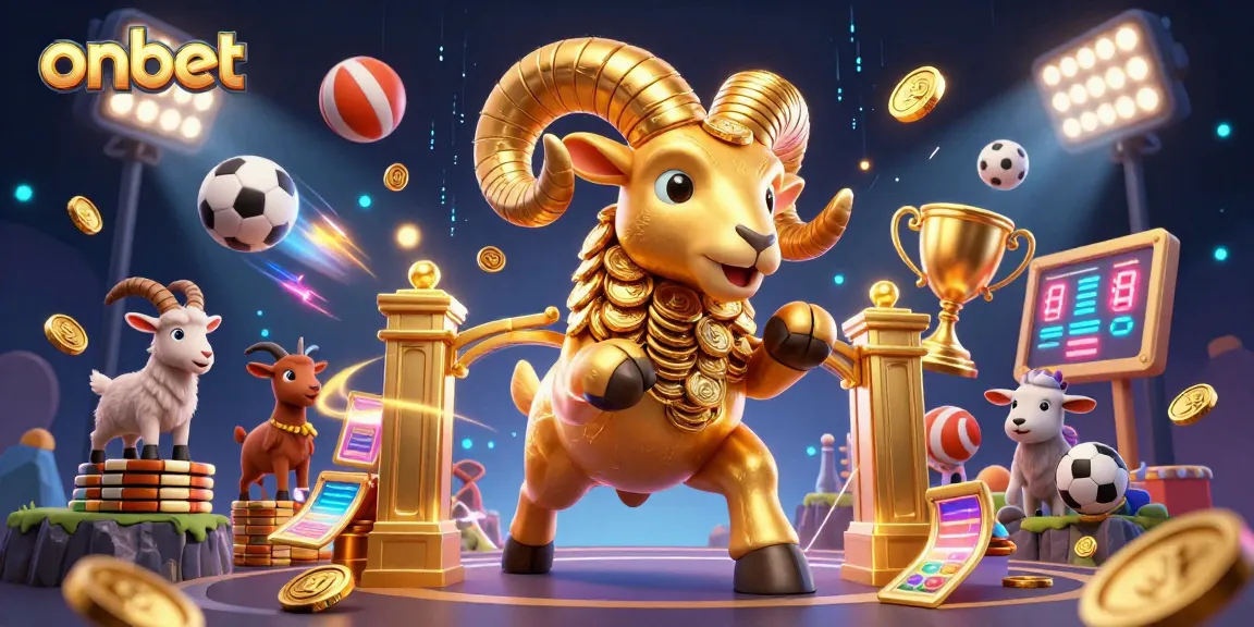 Experience exciting betting action with ONBET's vibrant online gambling scene featuring a charging golden ram amidst sports elements.