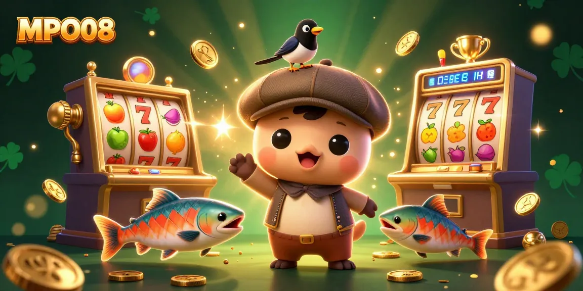 MPO08 features a colorful, vibrant 3D scene with cartoon characters celebrating big wins, ideal for slot gaming.