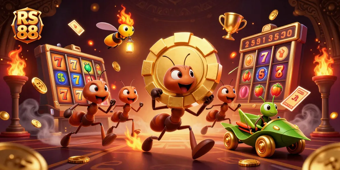 Experience thrilling RS 88 casino action with ants on a heist, golden chips, and dynamic game elements.