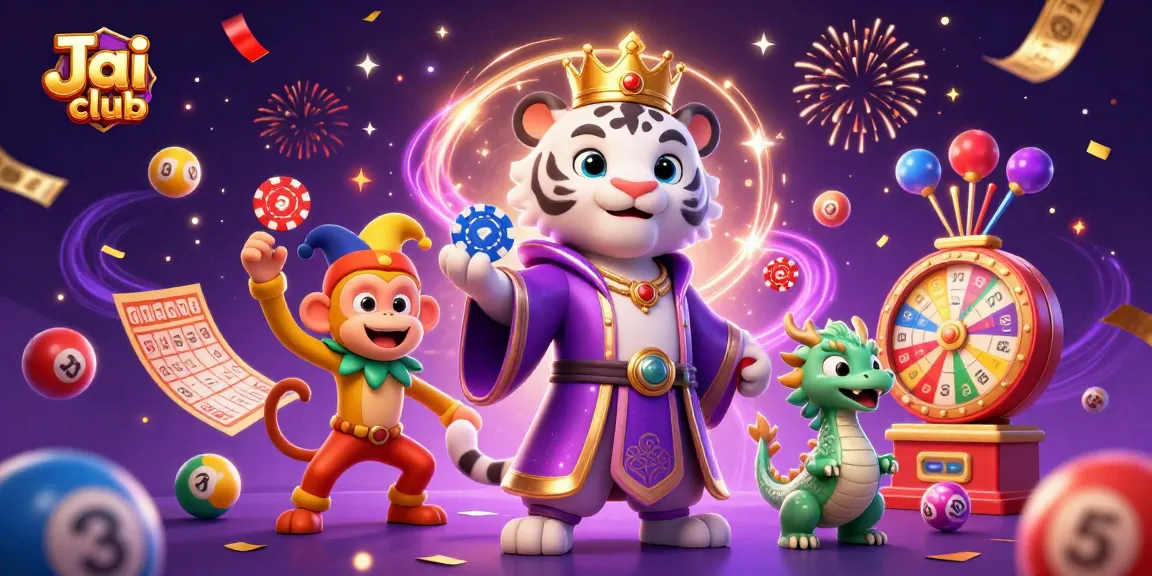 Jai club showcases exhilarating gaming excitement with lottery balls, characters, and vibrant prizes.