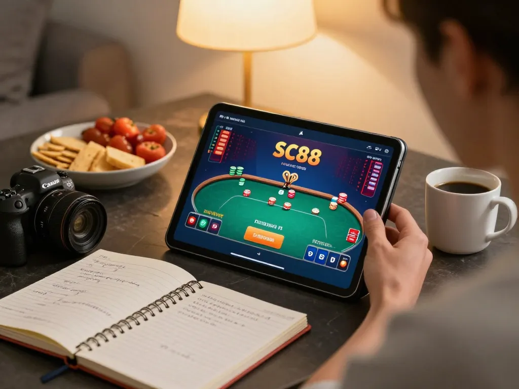 Playing poker on SC88 app in a cozy home setting, showcasing strategic gameplay.