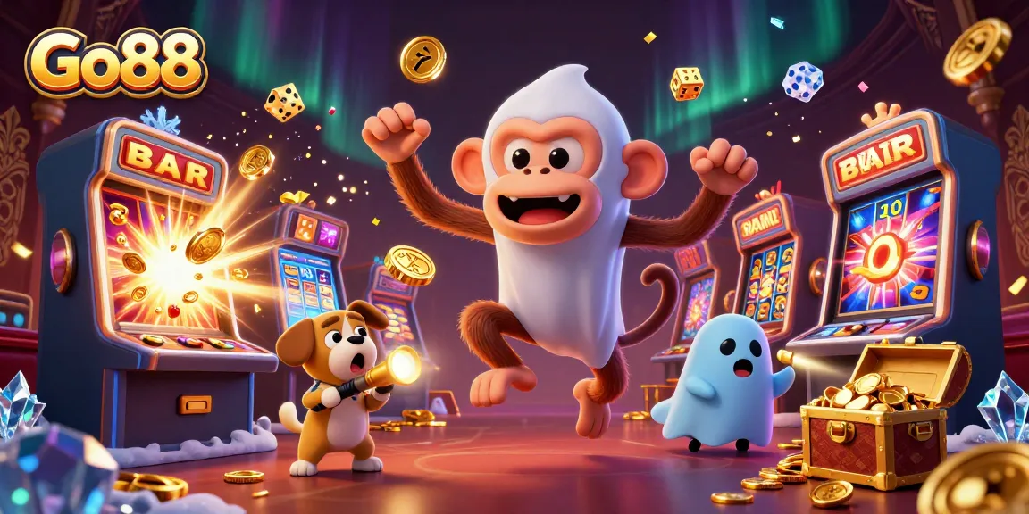 Go88 casino illustration showing ghostly characters and vibrant slots in action, capturing the thrill of gaming.