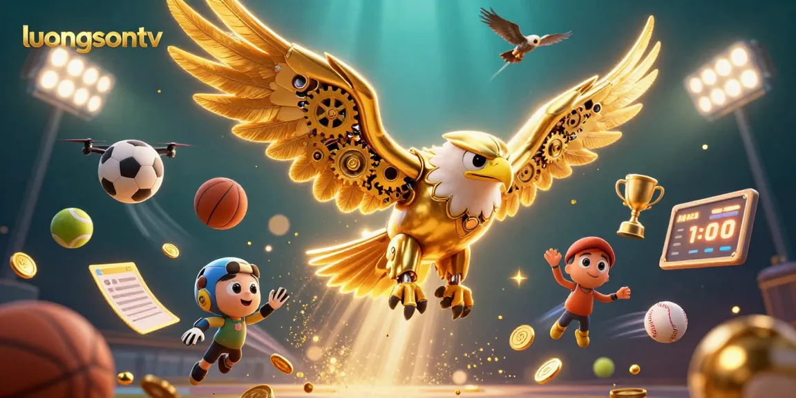 Experience sports excitement with luongsontv's dynamic 3D illustration of gaming elements and a cybernetic eagle.