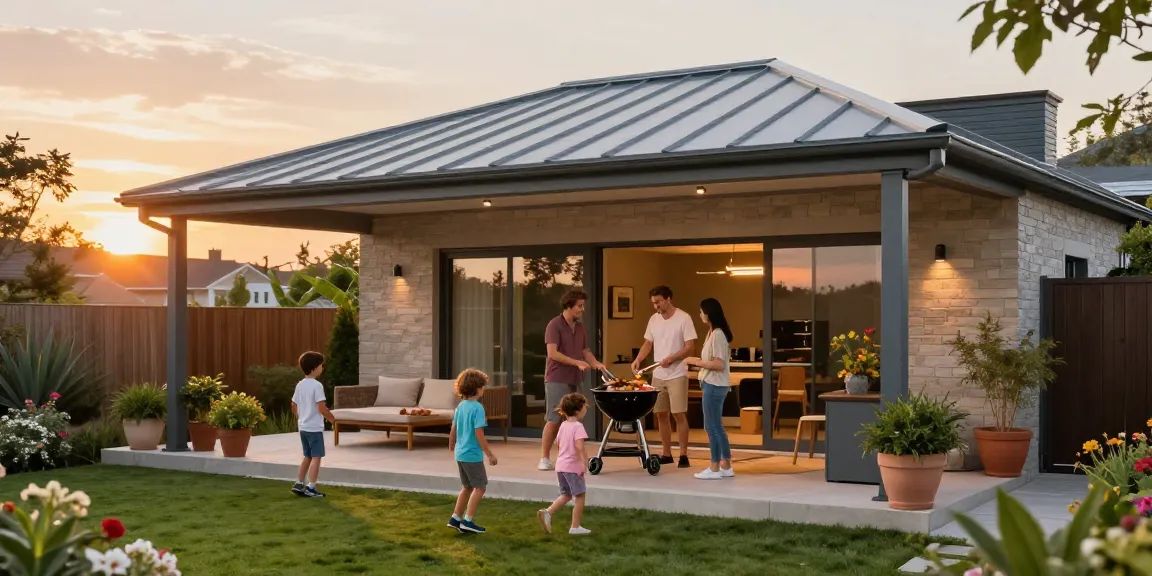 Moderne Terrassenüberdachung schützt die Familie bei einem Grillfest im Garten.