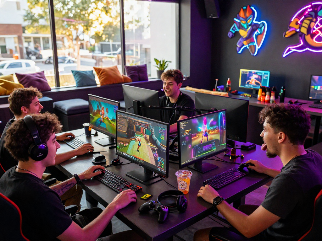 Exciting scene of friends playing sex game online in a vibrant gaming lounge.