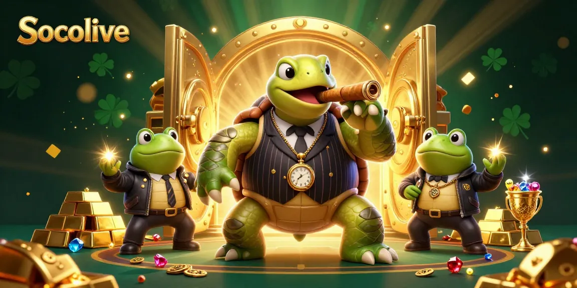 Socolive features a dynamic scene with a turtle mobster amidst casino treasures, showcasing vivid gambling elements.