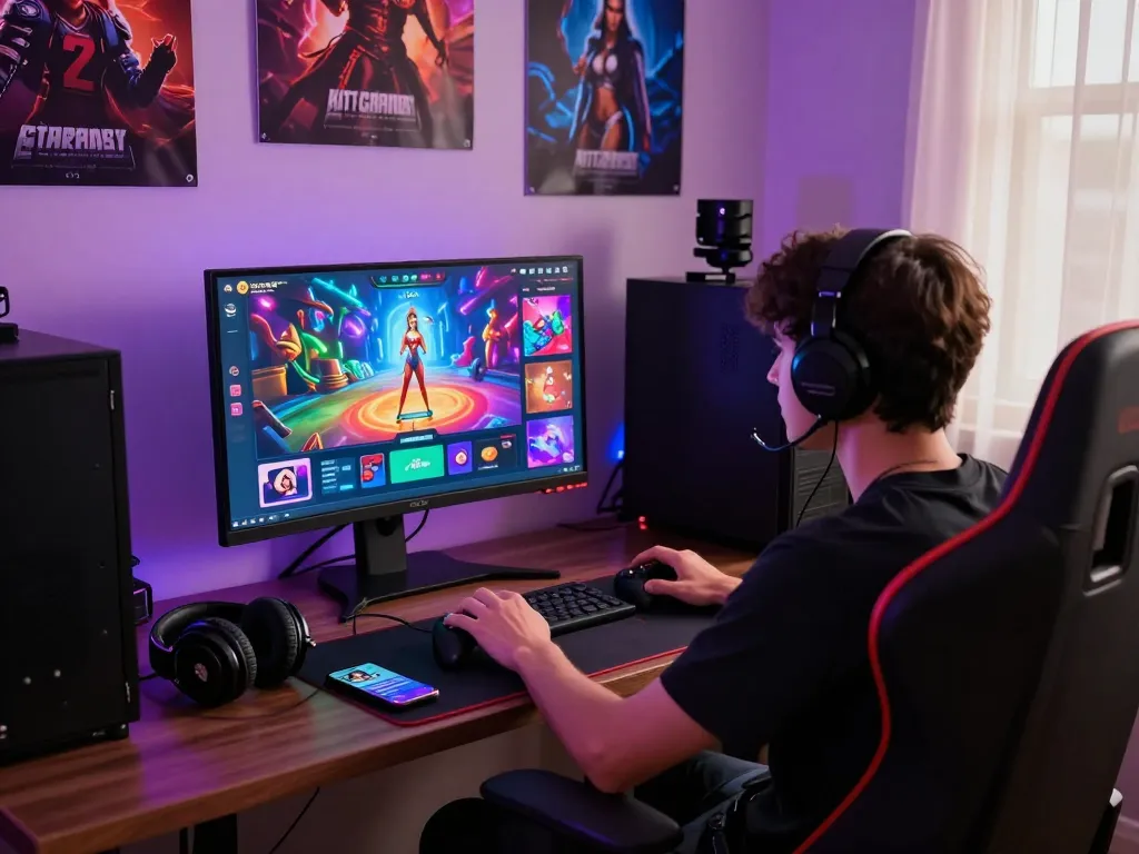Engaging scene of online porn games featuring a user enjoying a 3D sex simulator at a modern gaming setup.
