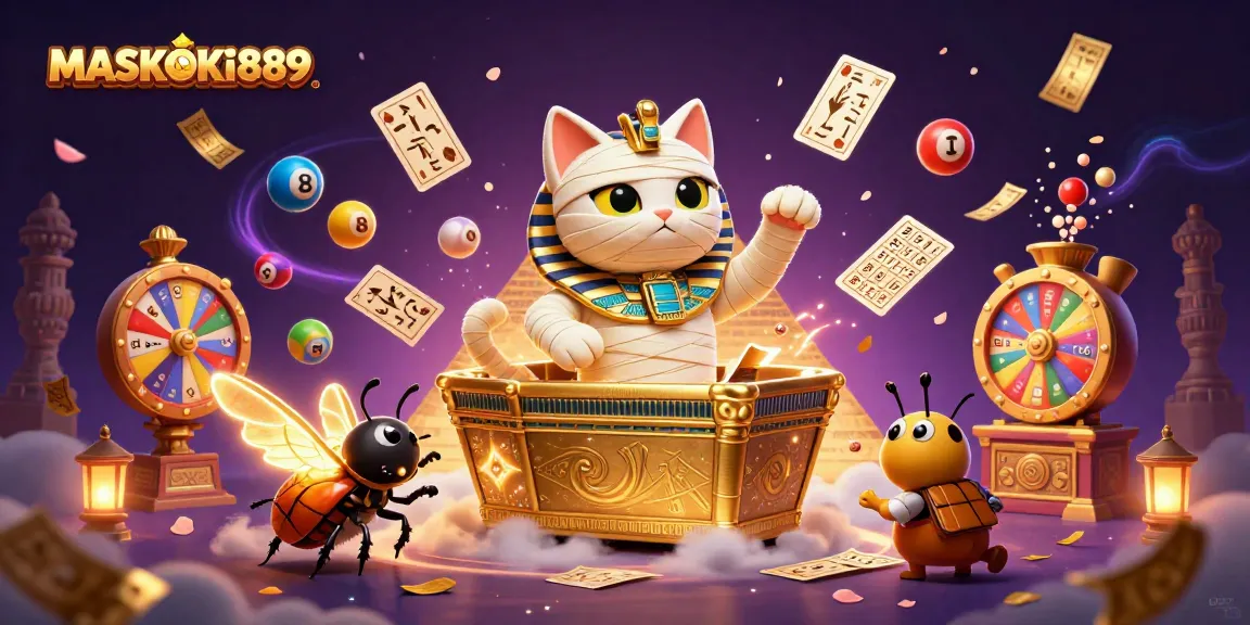 Engage with MASKOKI889's exciting casino environment featuring vibrant elements and a dynamic Egyptian-themed illustration