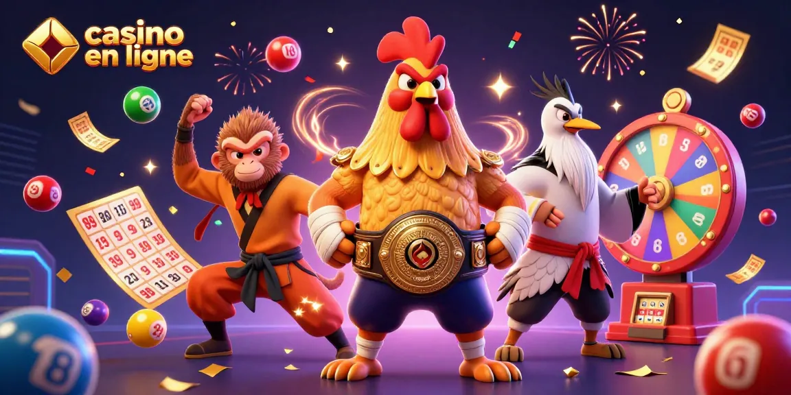Jouez au casino en ligne avec des personnages colorés dans une scène dynamique.