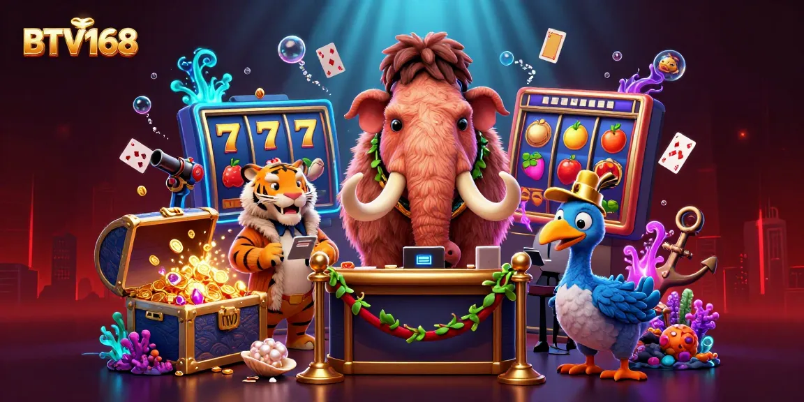 BTV168 elevates gameplay as a woolly mammoth checks IDs at a vibrant casino entrance.