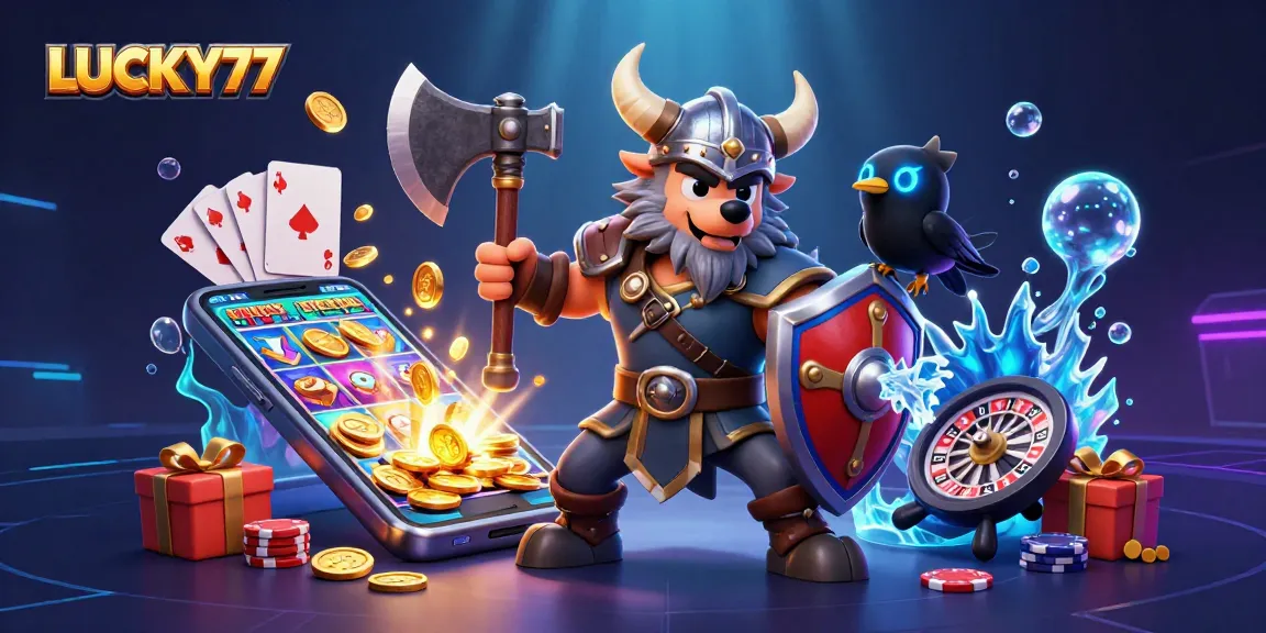 Experience the excitement of LUCKY77 with vibrant slot game action in a captivating 3D illustration.