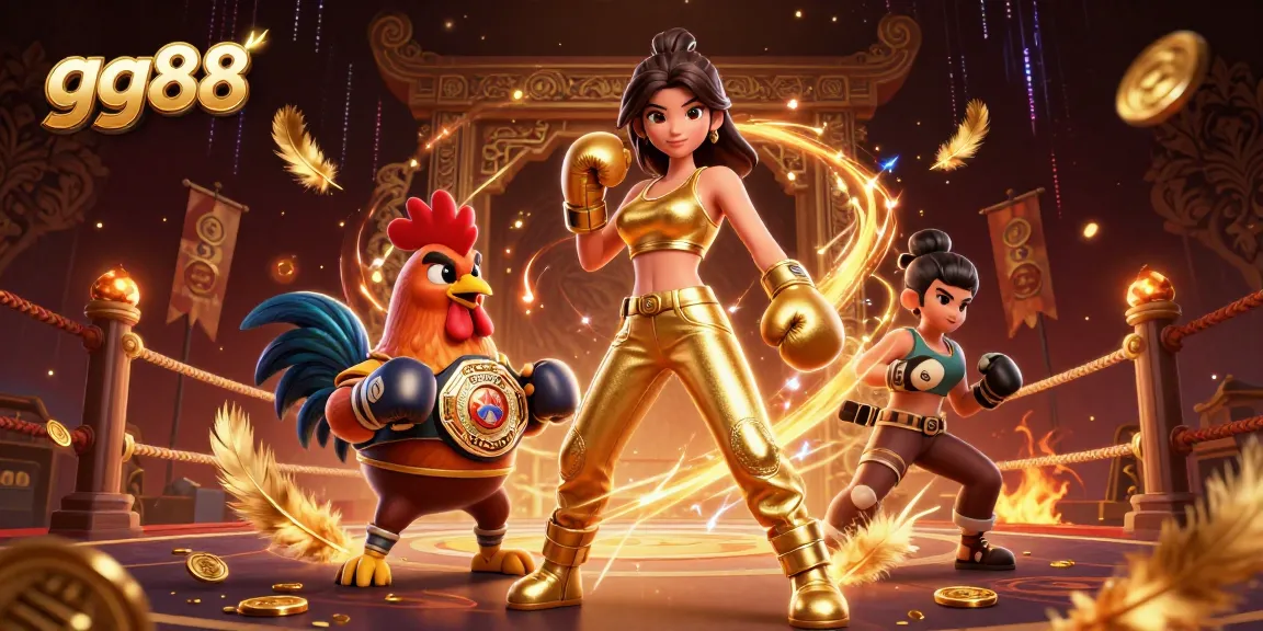 Win big with gg88 in a dynamic 3D illustration featuring a powerful woman and boxing rooster, surrounded by exciting casino elements.