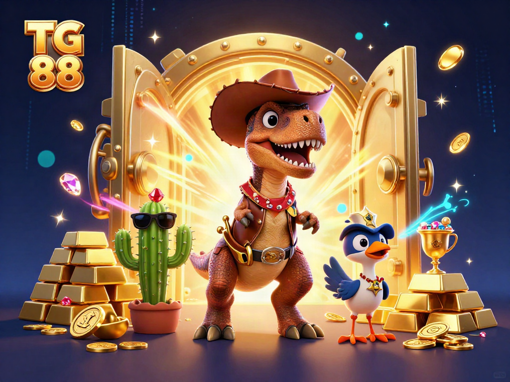 Engage with TG 88 as a T-Rex cowboy dinosaur showcases a vibrant casino scene filled with treasures.