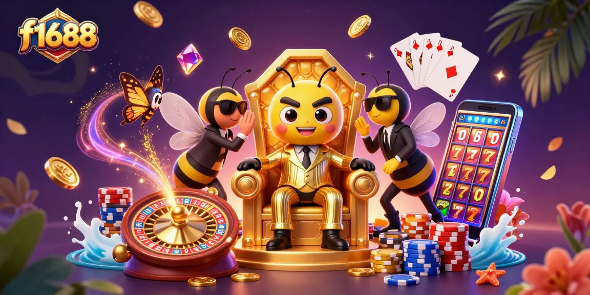 Spin and win at f1688 with a dazzling casino scene featuring a mob boss, fluttering butterfly, and flashing gems.
