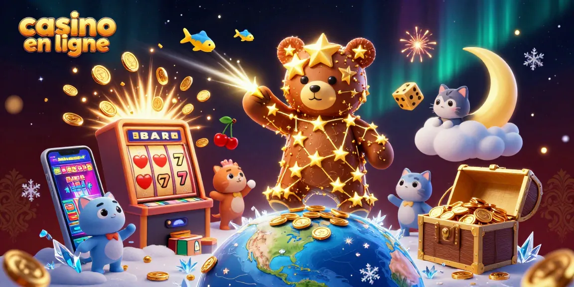Jouez à casino en ligne avec une illustration 3D captivante de personnages animés et éléments de jeux.