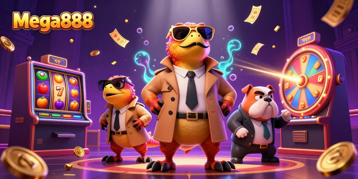 Mega888 menawarkan pengalaman bermain slot menarik dalam ilustrasi 3D berwarna-warni dengan simbol dan elemen kasino.
