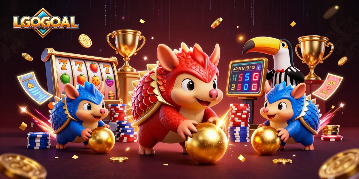 Experience thrilling slot action with LGOGOAL in an energetic 3D cartoon scene featuring pangolins and casino elements