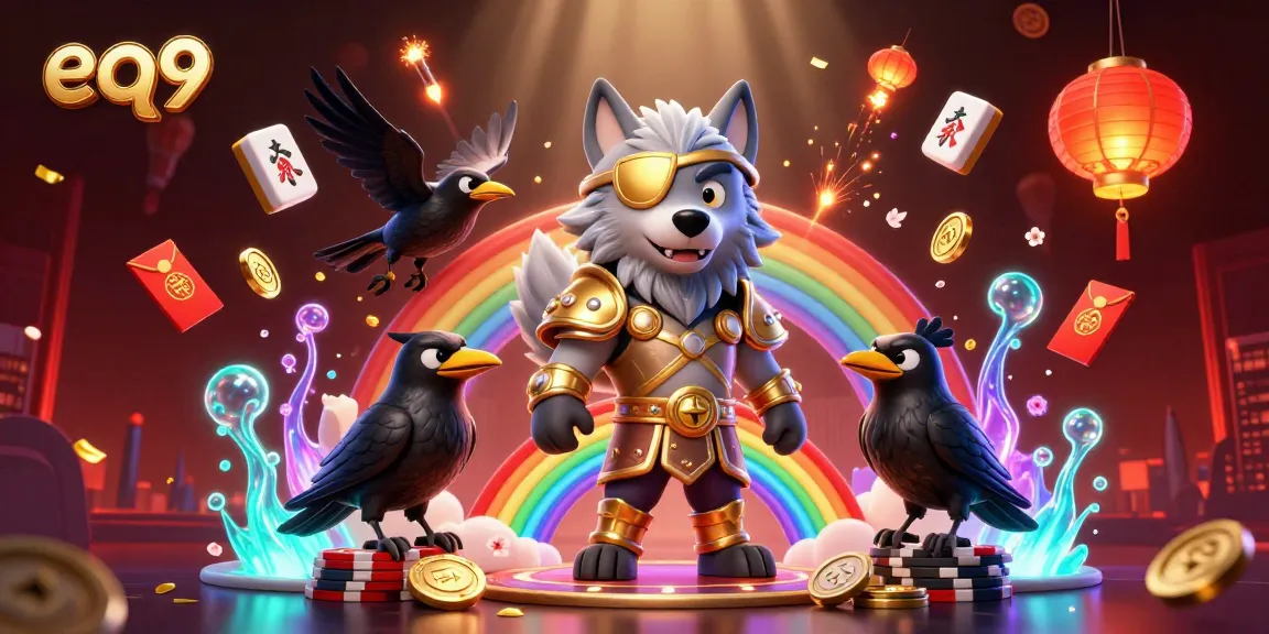Experience thrilling gameplay at eq9, featuring Odin and ravens amid a rainbow casino chip bridge.