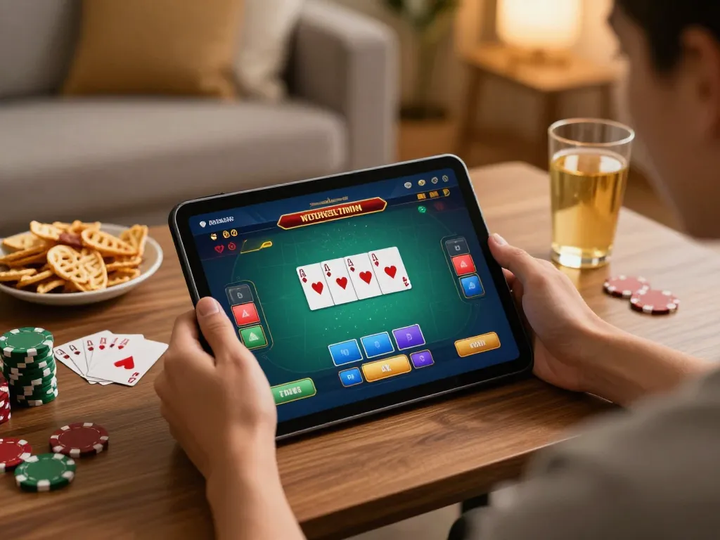 KJC online gaming scene with a player engaged in poker on a tablet, showcasing a cozy home atmosphere.