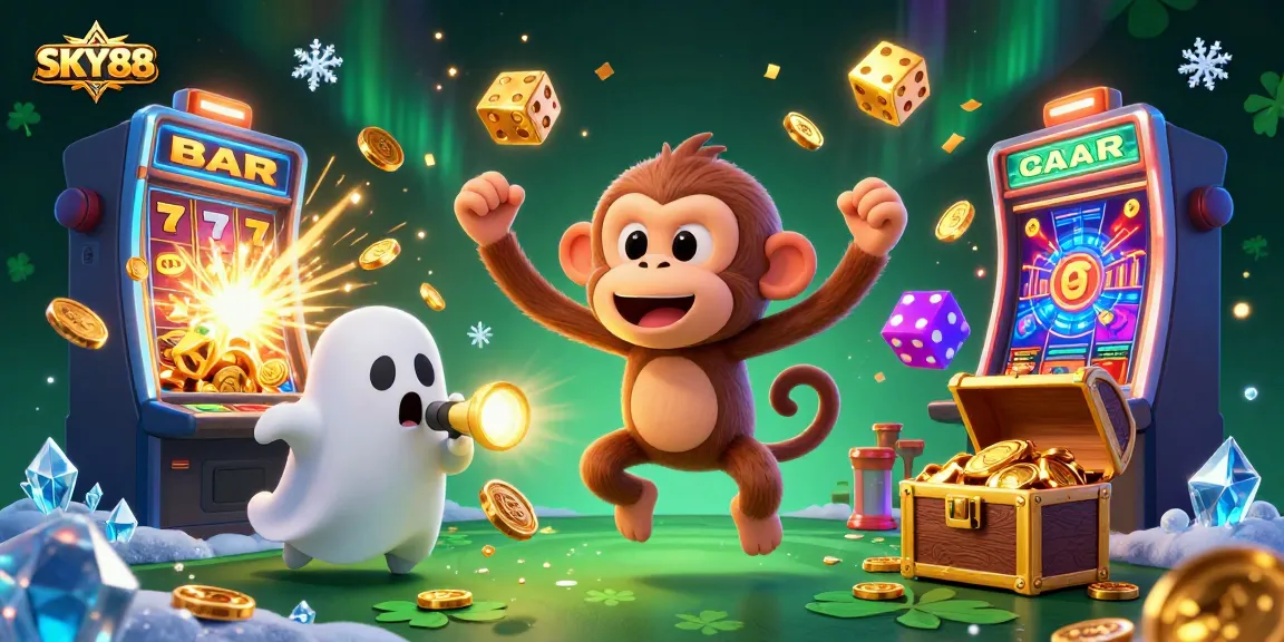 Sky88 captivates players with games amidst a vibrant casino scene featuring lively characters.