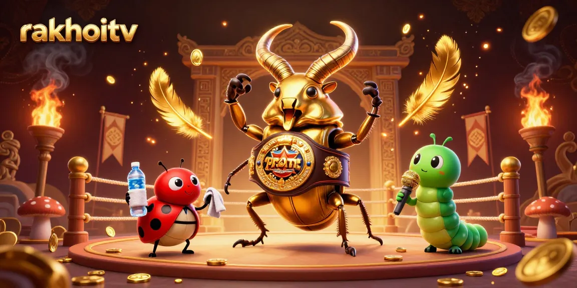 Engage with rakhoitv's vibrant animated scene showcasing a golden stag beetle in a boxing ring, celebrating the thrill of online gambling.