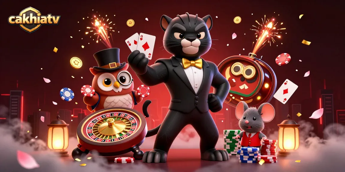 Cakhiatv showcases a stylish panther dealer with poker chips and festive elements in a casino scene.