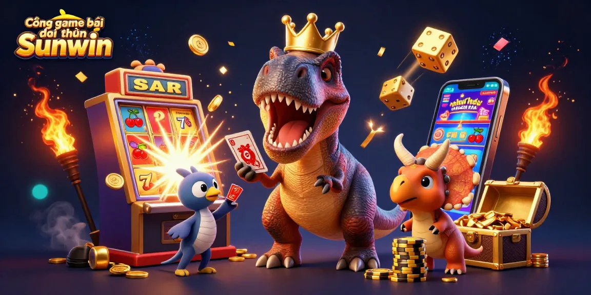 Cổng game bài đổi thưởng Sunwin features a friendly T-Rex playing cards, surrounded by vibrant casino elements.