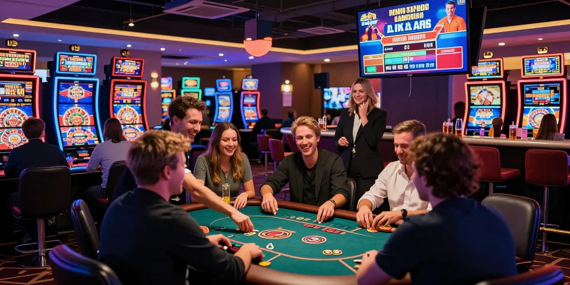 Salotto di gioco entusiasmante che mostra casino non aams sicuri con diversi giocatori che si divertono con giochi dal vivo, atmosfera vivace.