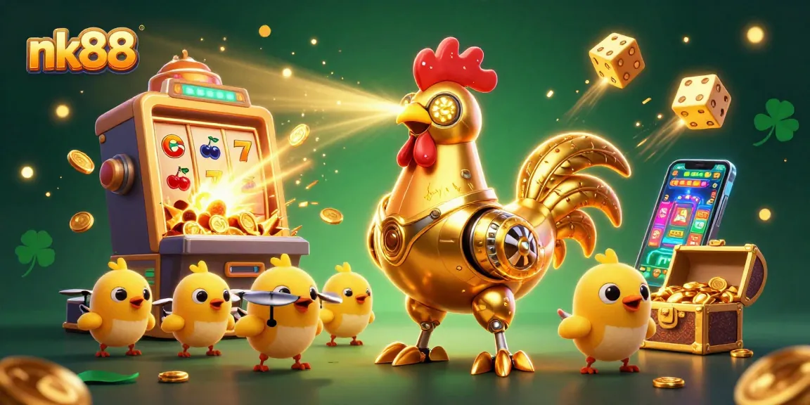 Experience thrilling gaming action at nk88 with golden rooster robot and dynamic slot machine fun.