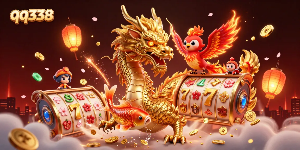 Experience thrilling slots in the vibrant qq338 casino illustration featuring a golden dragon and phoenix.