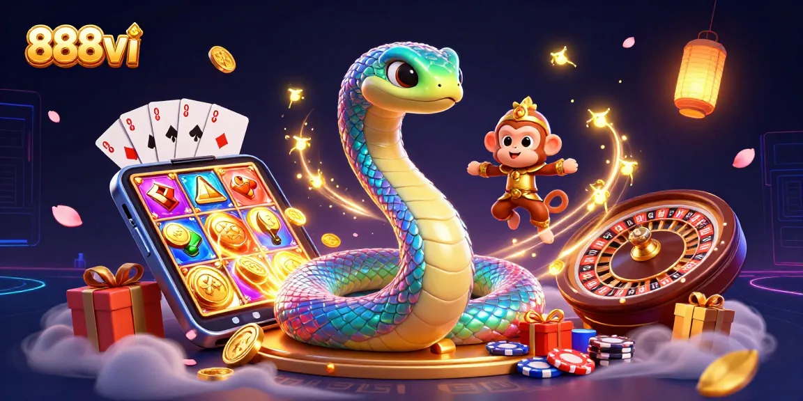 Play engaging games at 888vi with the exciting 3D illustration showcasing slot games and casino elements.