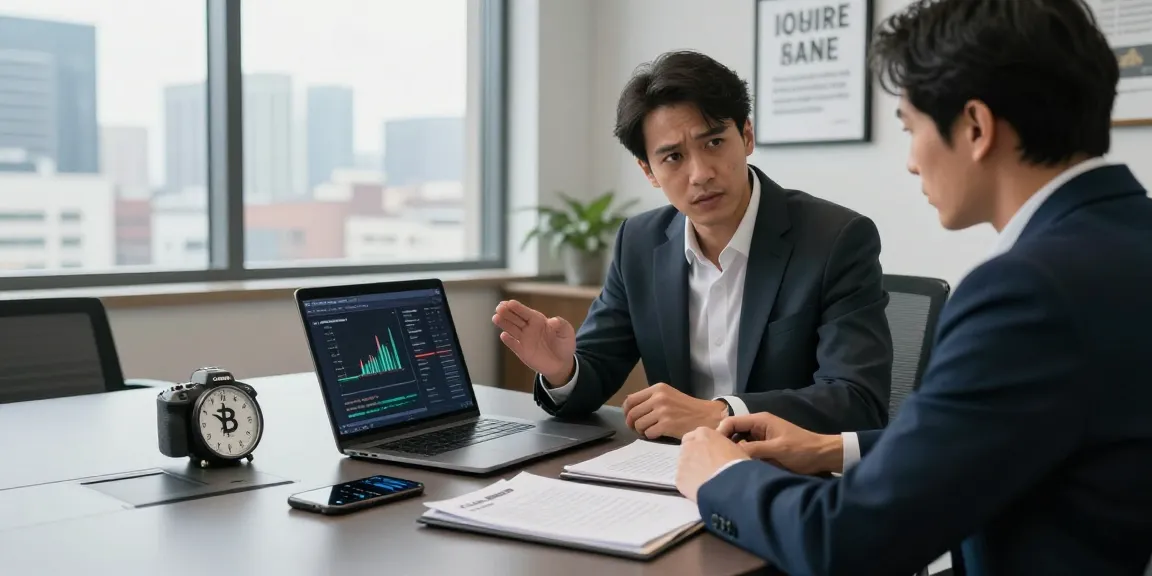 Consultant helping client recover lost crypto in a modern office with financial documents and digital graphs.